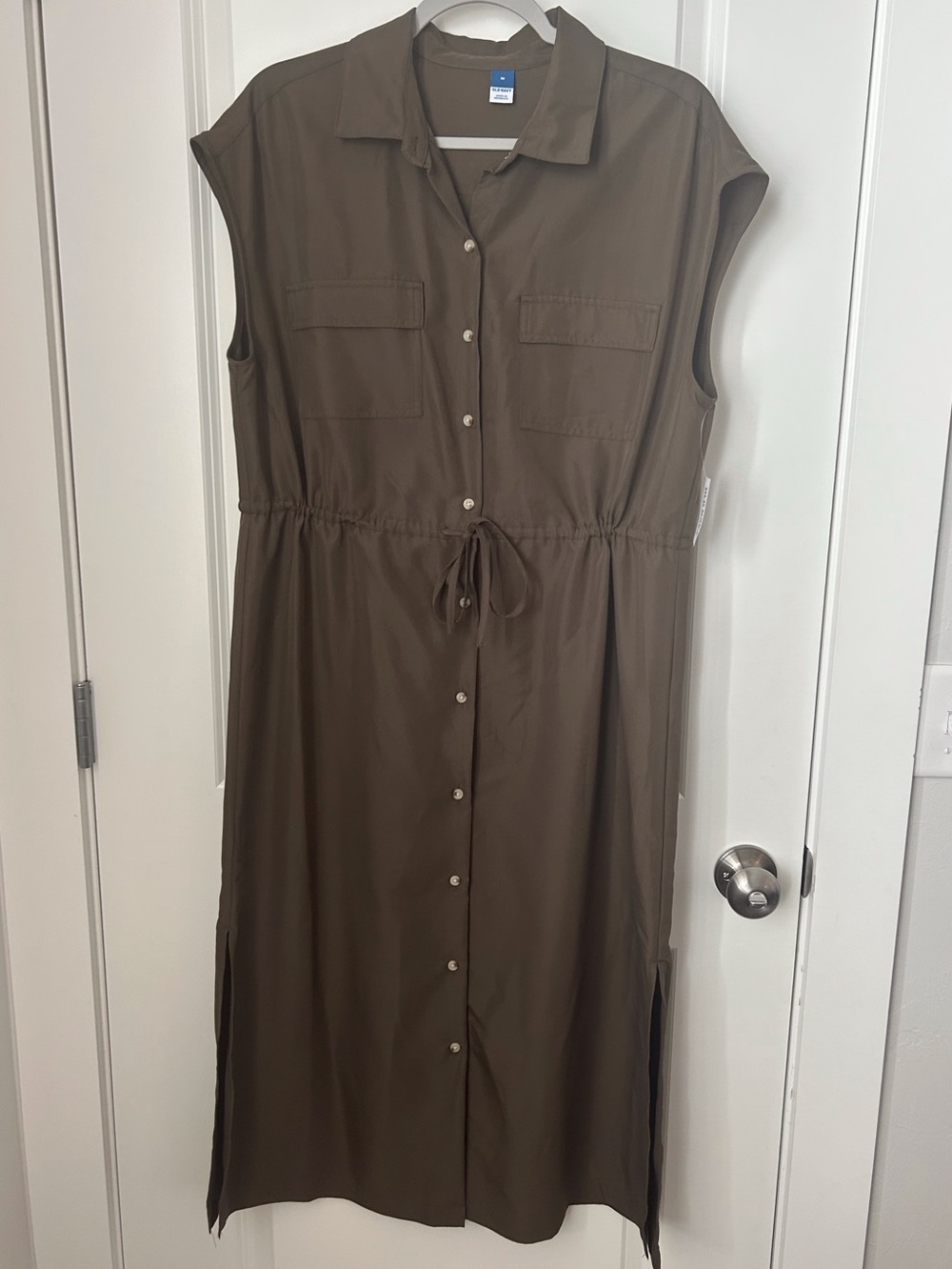 Old Navy Sleeveless Olive Button-Front Shirt Dress with Drawstring Waist Medium